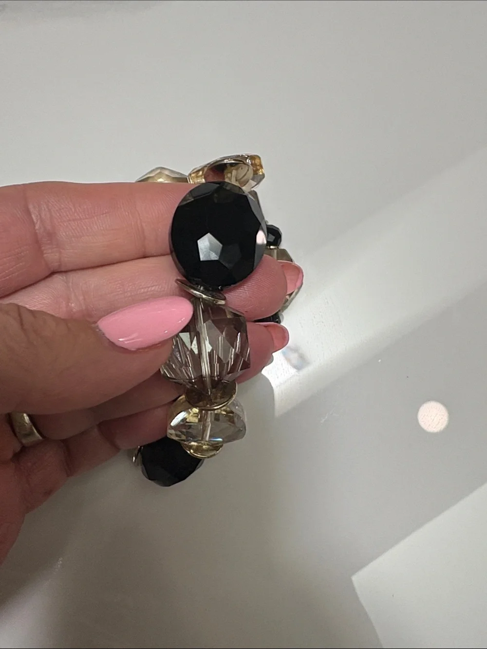 Elegant Black and Champagne glass  Beaded Bracelet with Ribbon Tie set of 2